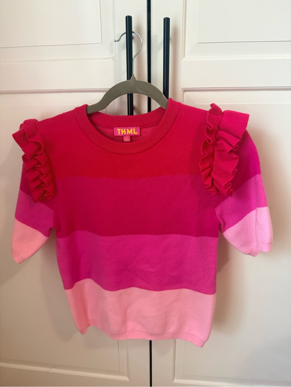 THML Bright Pink Striped Ruffle-Sleeve Sweater - Picture 4 of 7